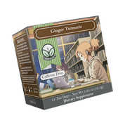 Supplement facts label for herbal tea with turmeric root, organic ginger root, and stevia leaf extract on a brown background.