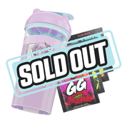 Clear shaker bottle with pastel purple lid, light blue flip cap, and black stylized logo on the side.