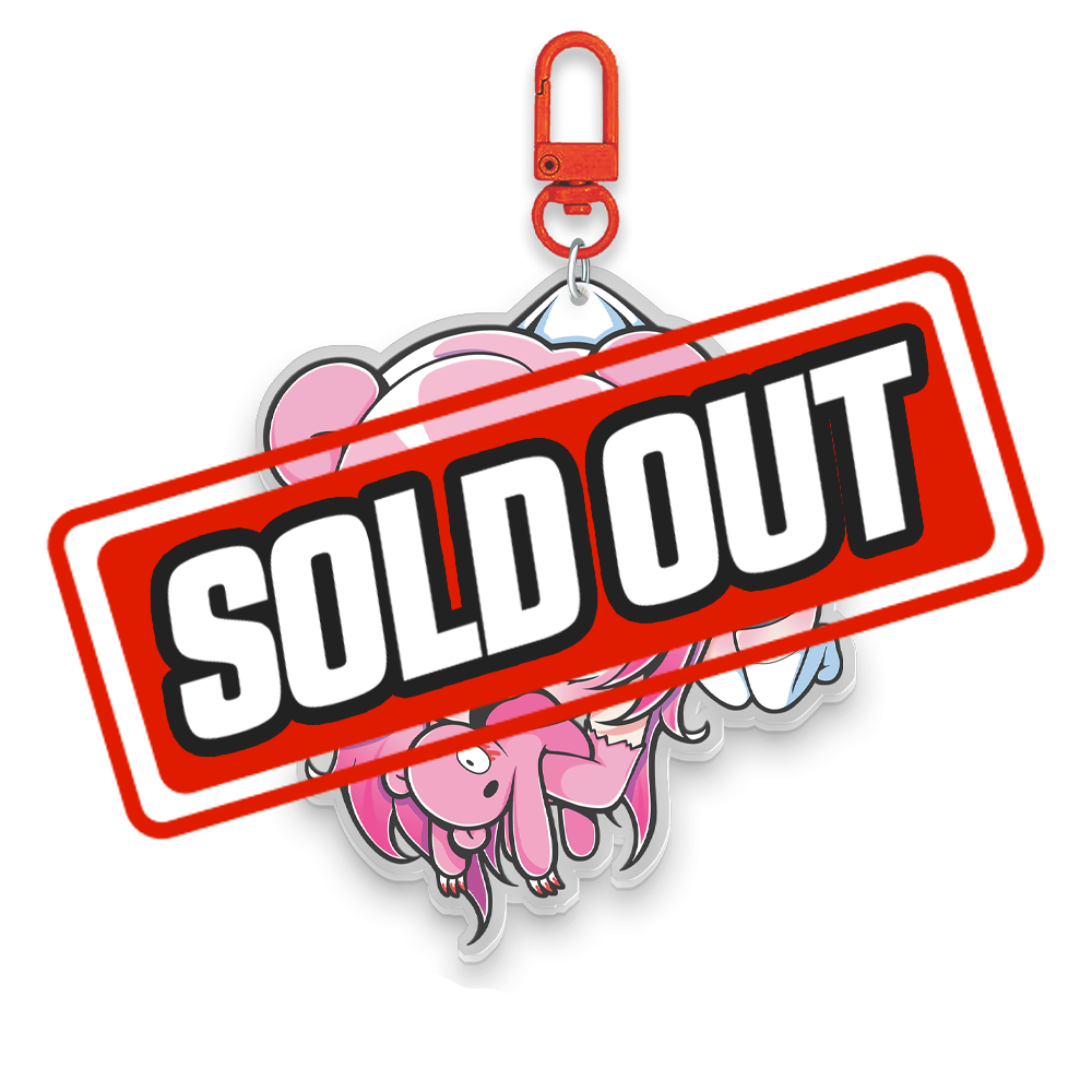 Chibi-style keychain featuring a pink-haired girl with bear ears holding a small pink bear plush and a red clasp.