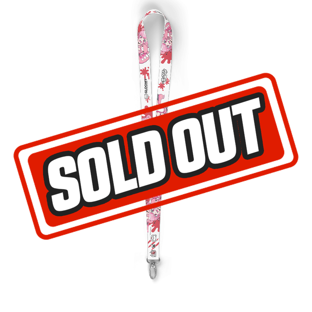 White lanyard with red splatters, pink-haired anime girl, and black "Gloomy The Naughty Grizzly" text with bear face logo.