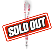 White lanyard with red splatters, pink-haired anime girl, and black "Gloomy The Naughty Grizzly" text with bear face logo.