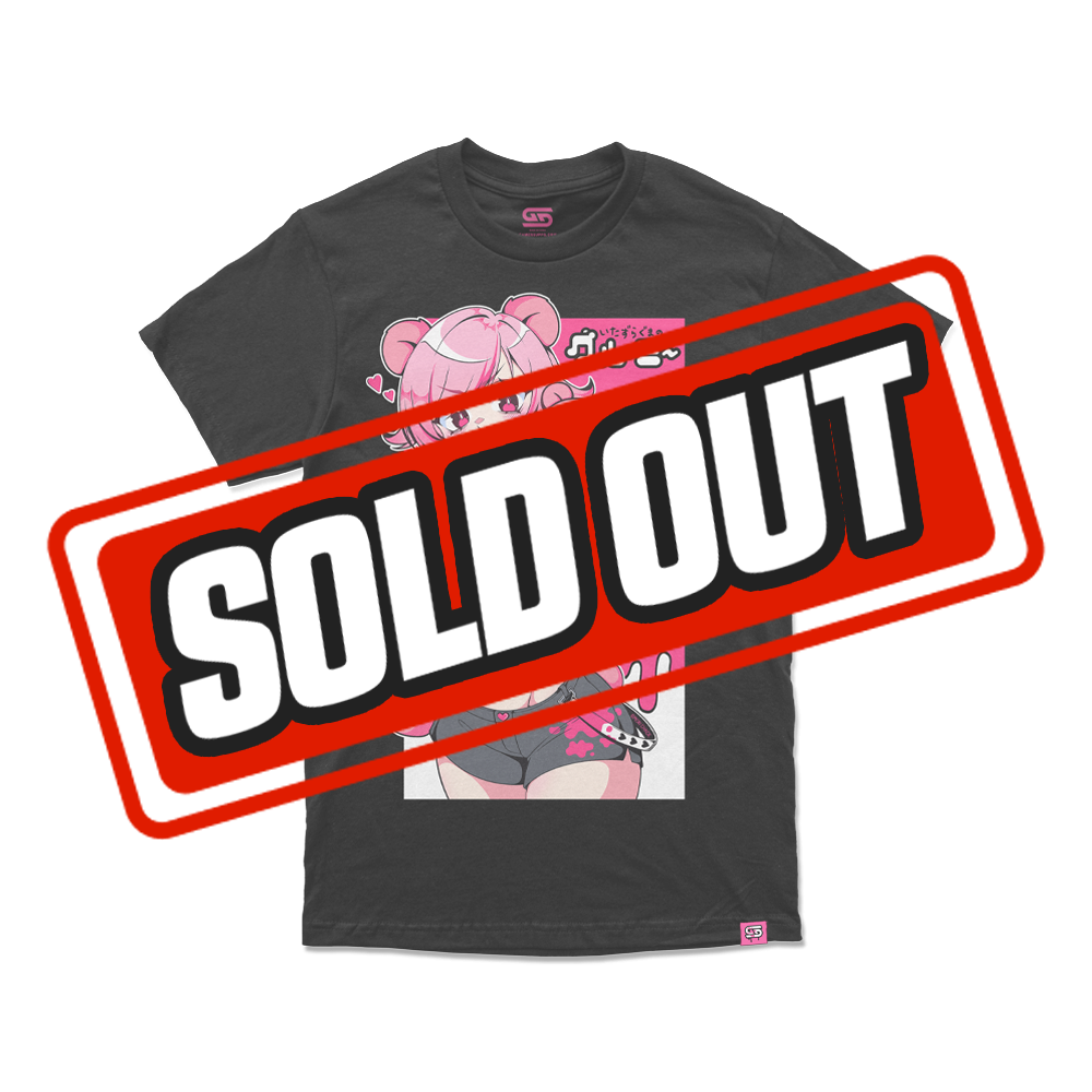 Black shirt with small pink bear face and stylized white and red graphics near the upper back neckline.