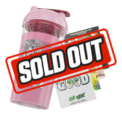 Clear shaker cup with pink lid and honeycomb strainer, featuring black Gloomy Bear logos and text.