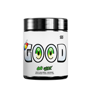 Black and silver supplement container showing detailed white label with supplement facts and usage instructions.