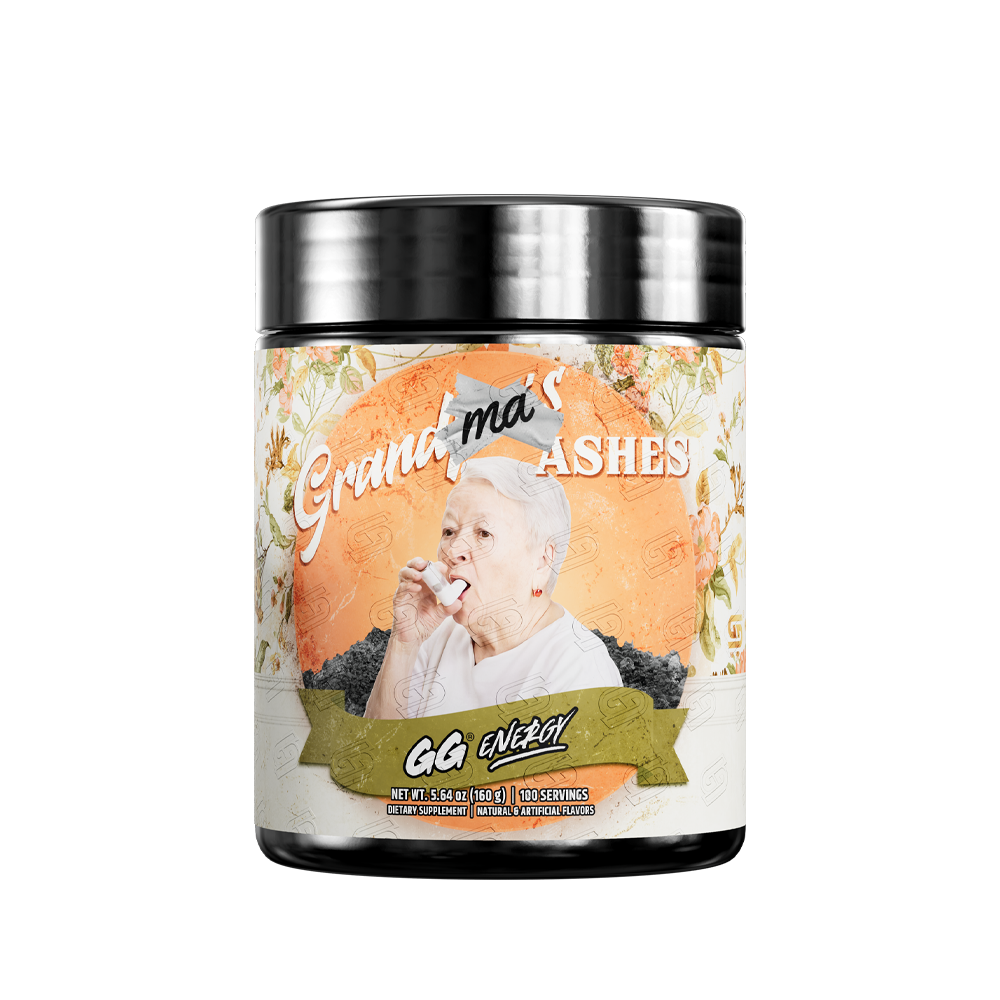 Black container with a floral label showing detailed nutrition facts and supplement directions in small text