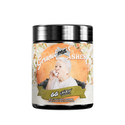 Black container with a floral label showing detailed nutrition facts and supplement directions in small text