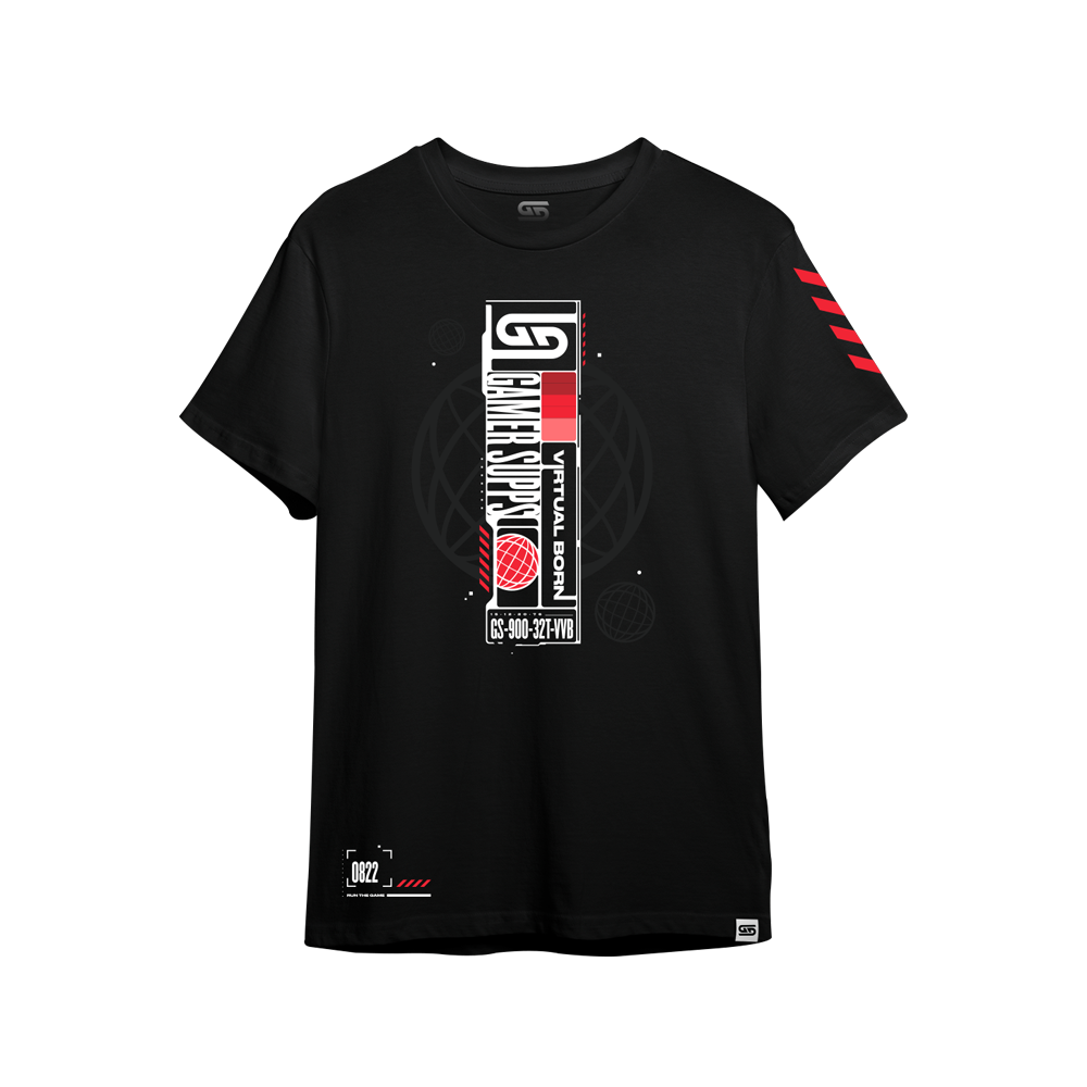 Black short-sleeve t-shirt with three diagonal red stripes on the left sleeve, shown from the back in 6XL size.