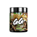 Black supplement container with detailed nutrition facts and green leafy design on the label's sides