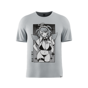 Grey shirt with a black and white anime-style maid character holding a scythe and Japanese text on the back.