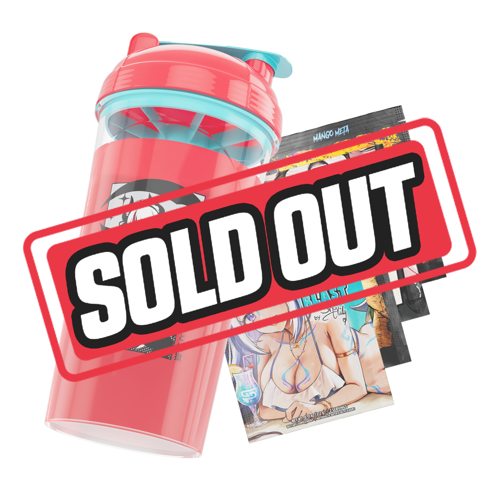 Clear shaker cup with red lid, blue flip cap, and black-and-white anime girl graphic with bat wings and Japanese text.
