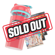 Clear shaker cup with red lid, blue flip cap, and black-and-white anime girl graphic with bat wings and Japanese text.