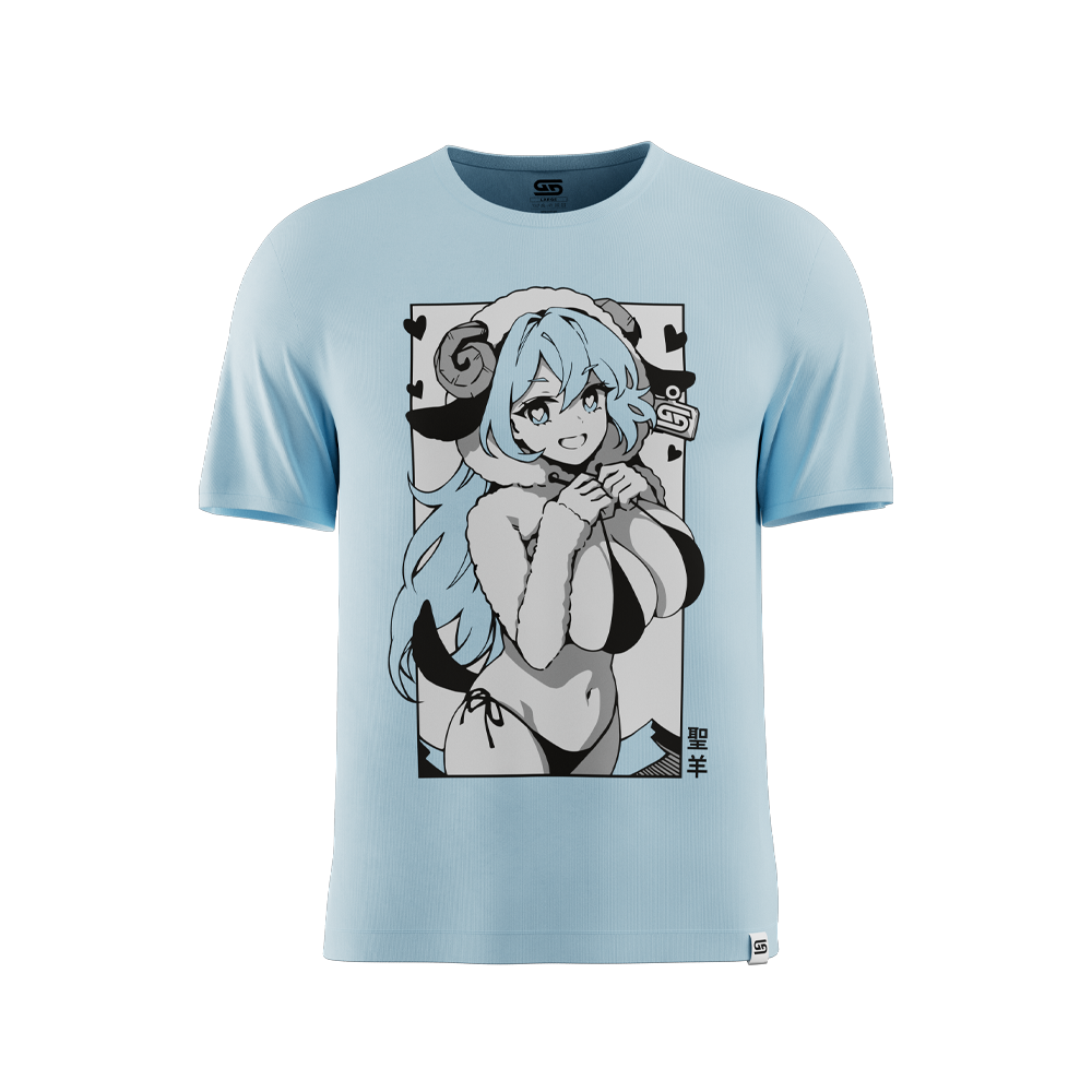 Light blue shirt with anime-style girl wearing a fluffy sheep hood and black bikini, surrounded by small hearts.