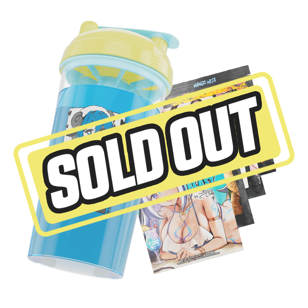 Clear shaker bottle with yellow and light blue lid and a black stylized logo on the side