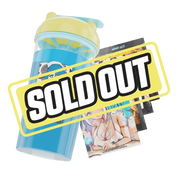 Clear shaker bottle with yellow and light blue lid and a black stylized logo on the side