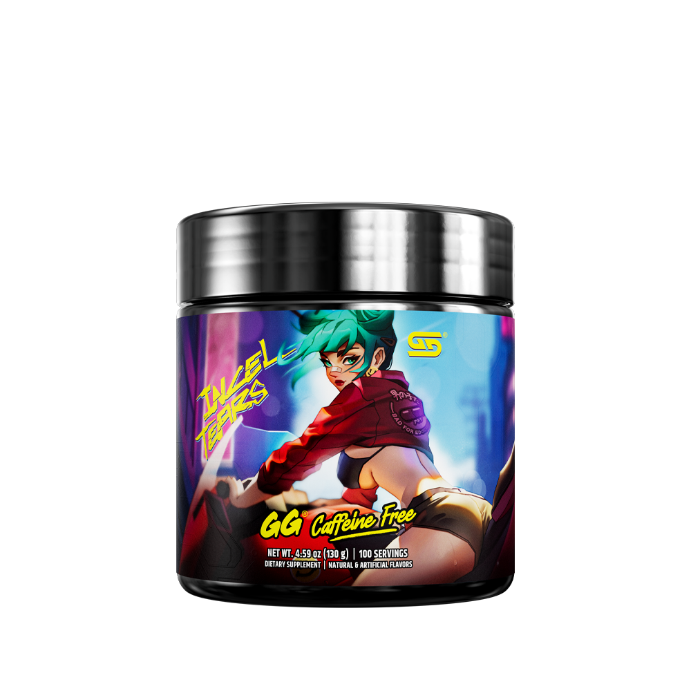 Black container with a purple label showing supplement facts and directions for Incel Tears caffeine-free powder.