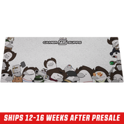 White mouse pad featuring cartoon characters with large noses wearing hats, armor, and holding shovels or magical orbs.