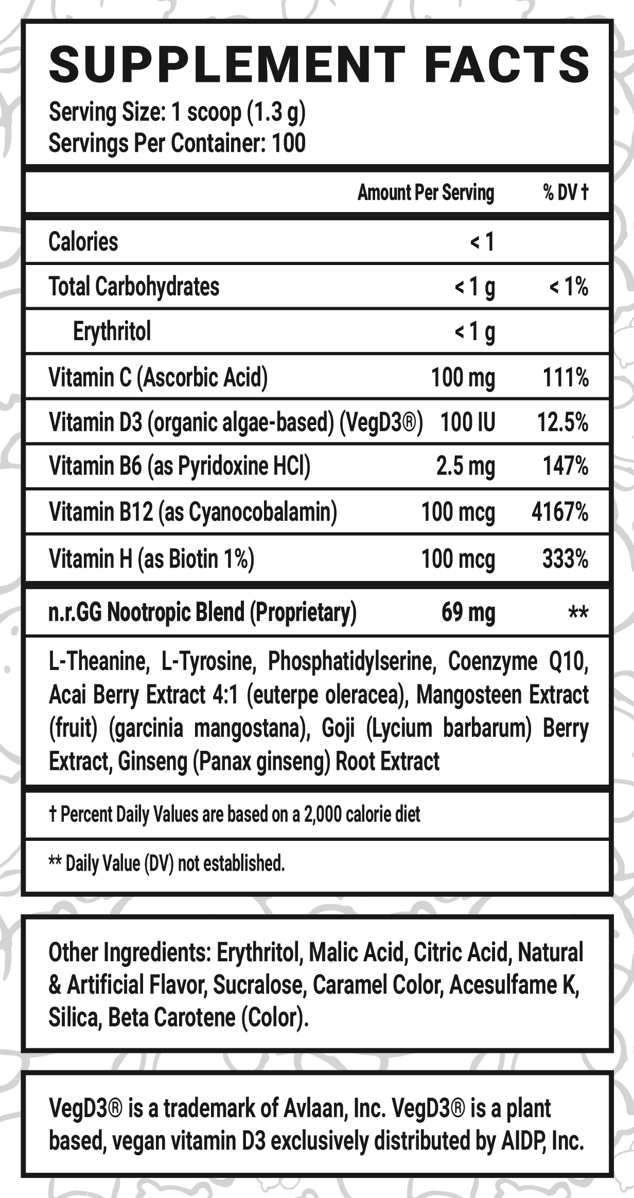 JFJ Brand Snake Oil Caffeine Free - 100 Servings Nutrition Chart