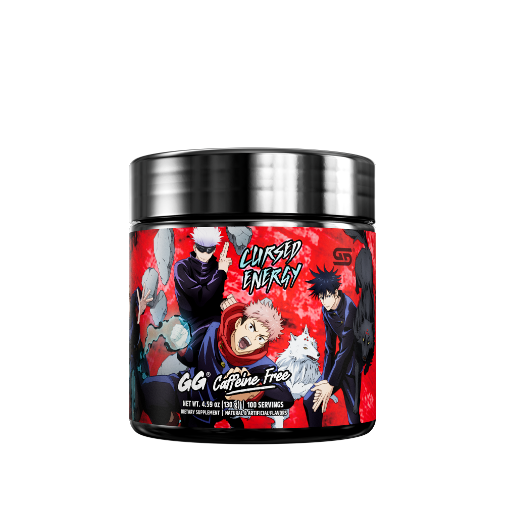 Black and red container with nutritional facts and warning labels for a caffeine-free energy supplement.