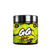 Black supplement container with colorful green and orange abstract design and detailed nutrition facts label on the back