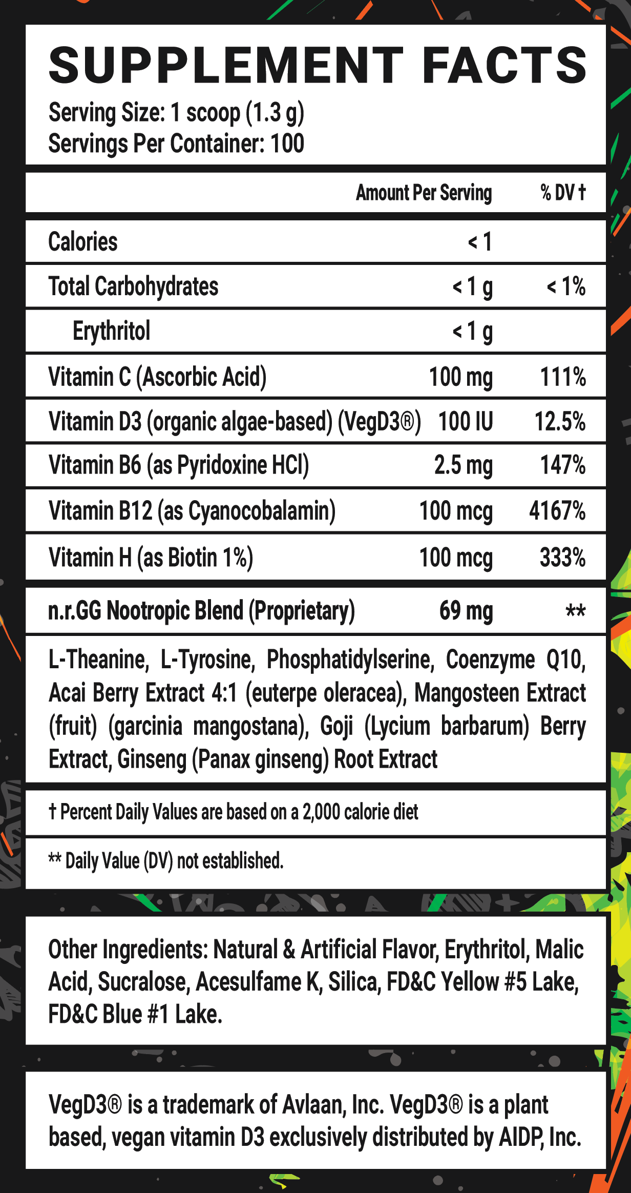 Just Melon Caffeine Free - 100 Servings Nutrition Chart