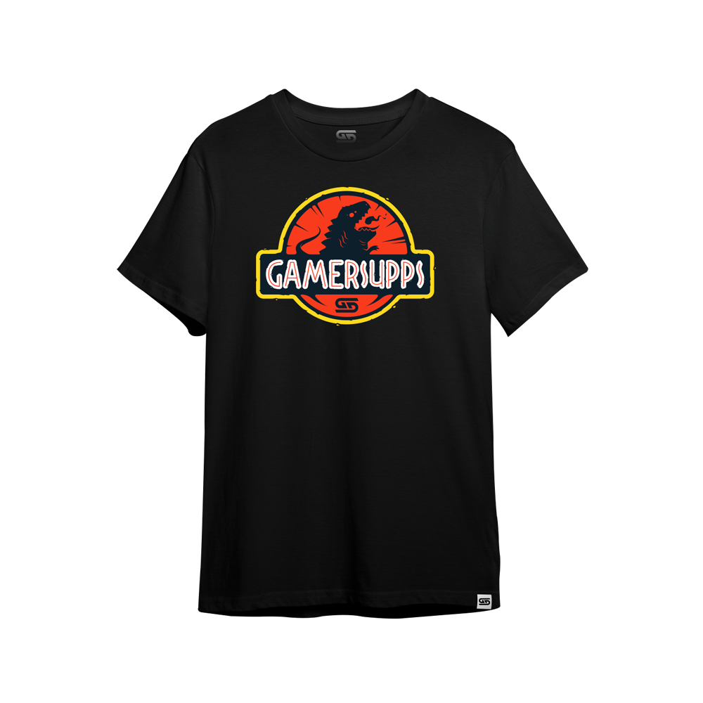 Black short-sleeve shirt with a small red and yellow stylized "S" logo centered near the upper back neckline.