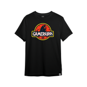 Black short-sleeve shirt with a small red and yellow stylized "S" logo centered near the upper back neckline.