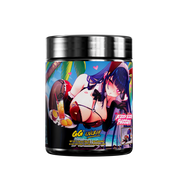 Black and purple supplement container with detailed white nutrition facts and colorful branding on the label.