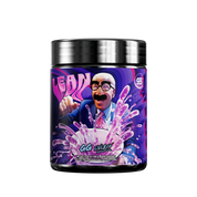 Black and purple supplement container with detailed white nutrition facts label and silver lid