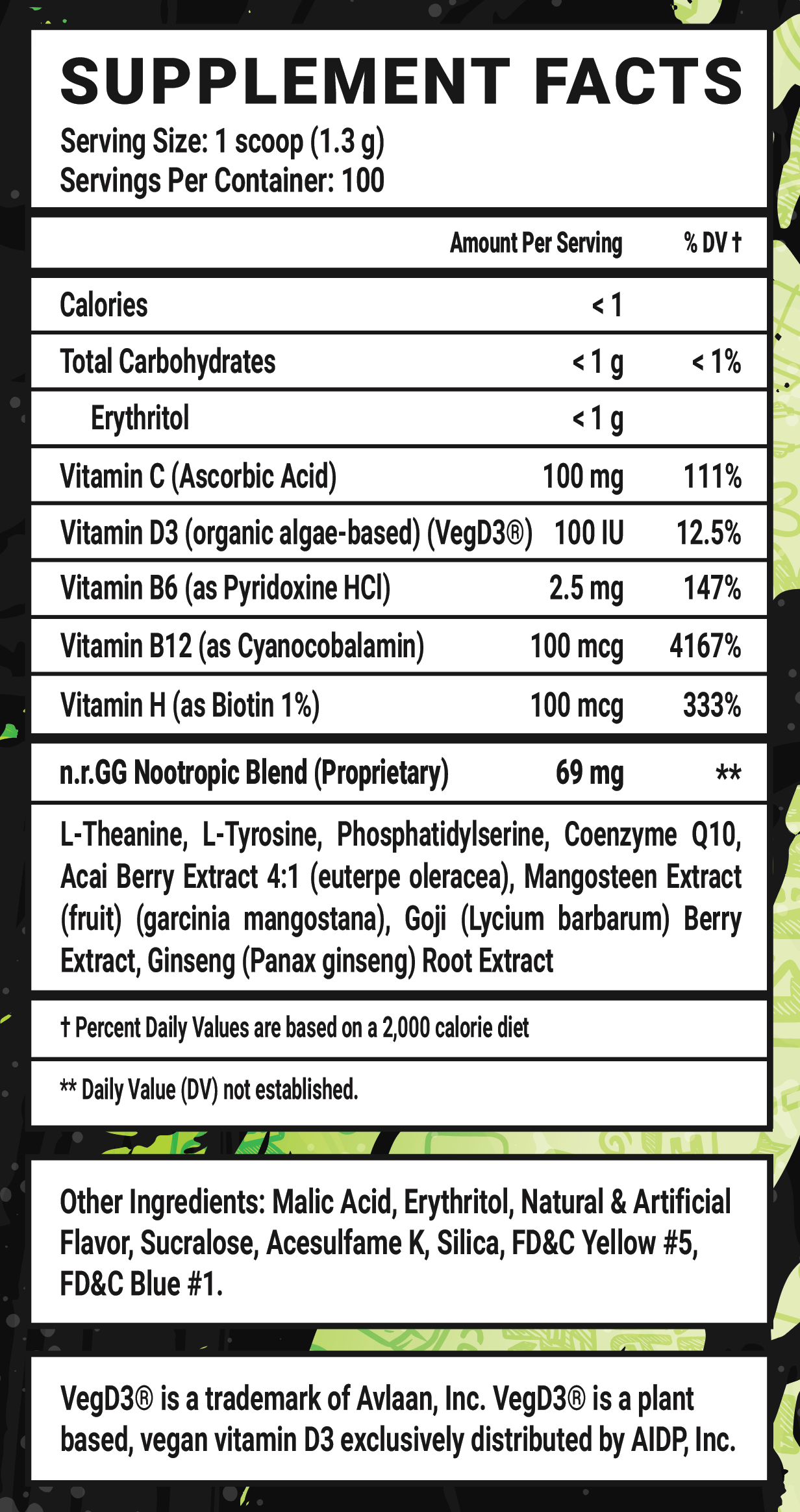 Lemon Limeade Caffeine Free - 100 Servings Nutrition Chart