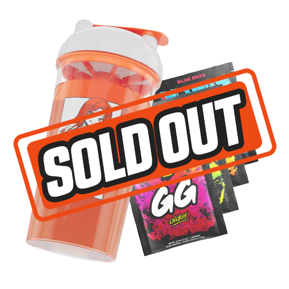 Transparent shaker cup with white lid, orange mixing mechanism, and black stylized logo on the side