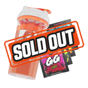 Transparent shaker cup with white lid, orange mixing mechanism, and black stylized logo on the side