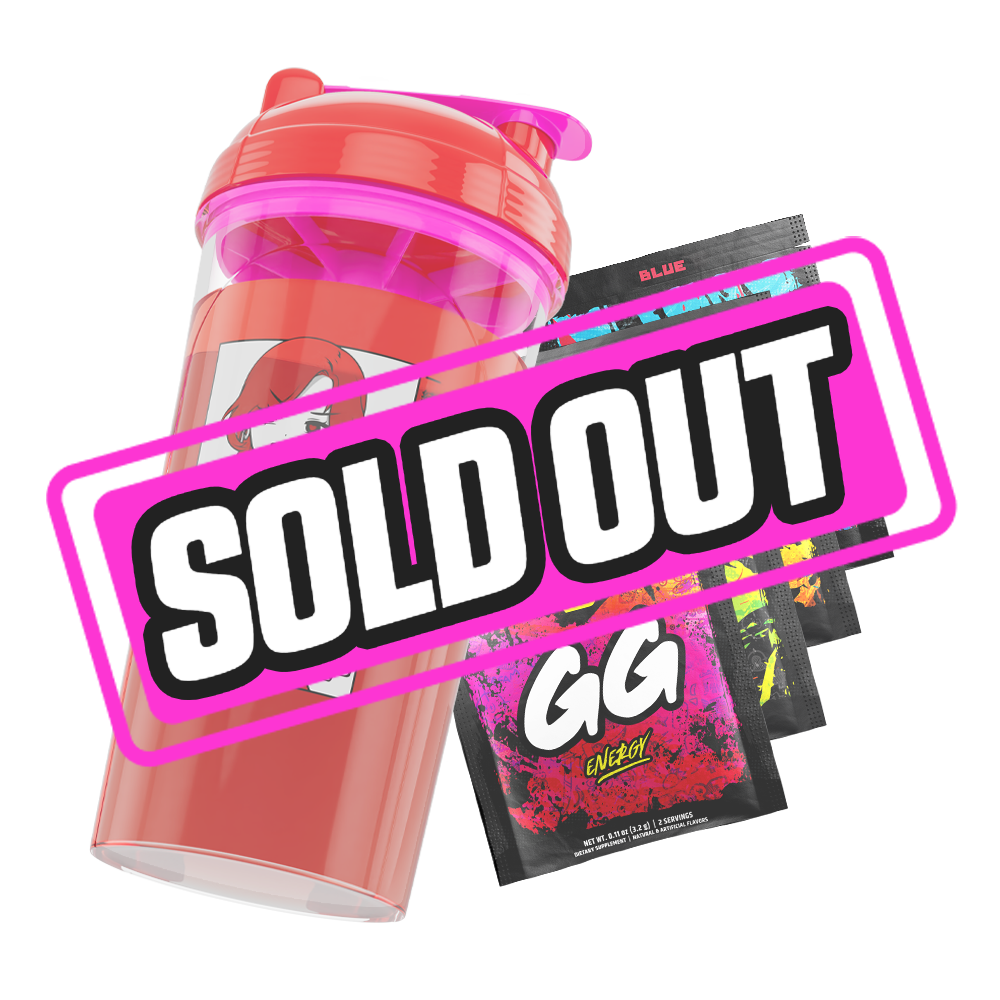 Clear shaker cup with a red lid, pink flip cap, and bold black stylized logo on the side