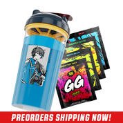 Clear shaker cup with black and yellow lid, featuring anime character with cat ears and Japanese text on the side.