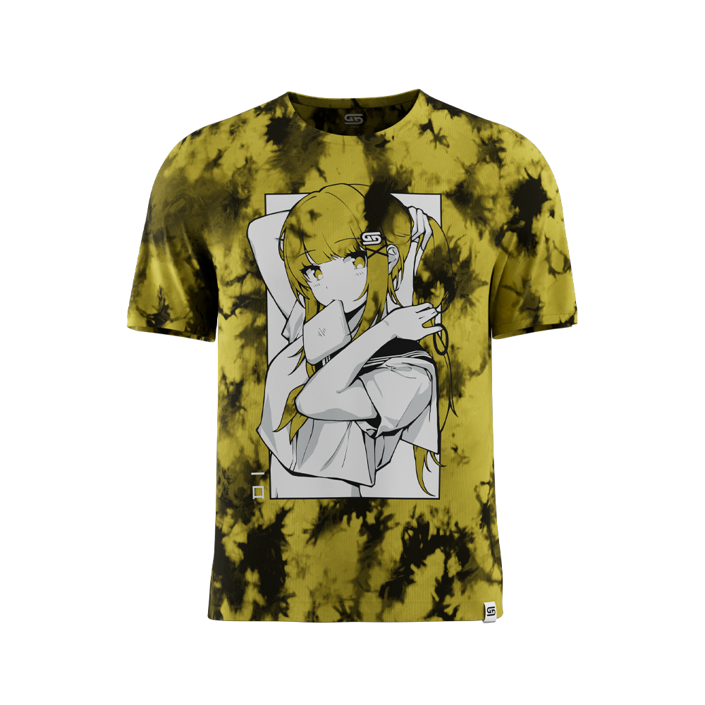 Yellow and black tie-dye pattern covers the entire back of this short-sleeve 6XL shirt.