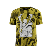 Yellow and black tie-dye pattern covers the entire back of this short-sleeve 6XL shirt.