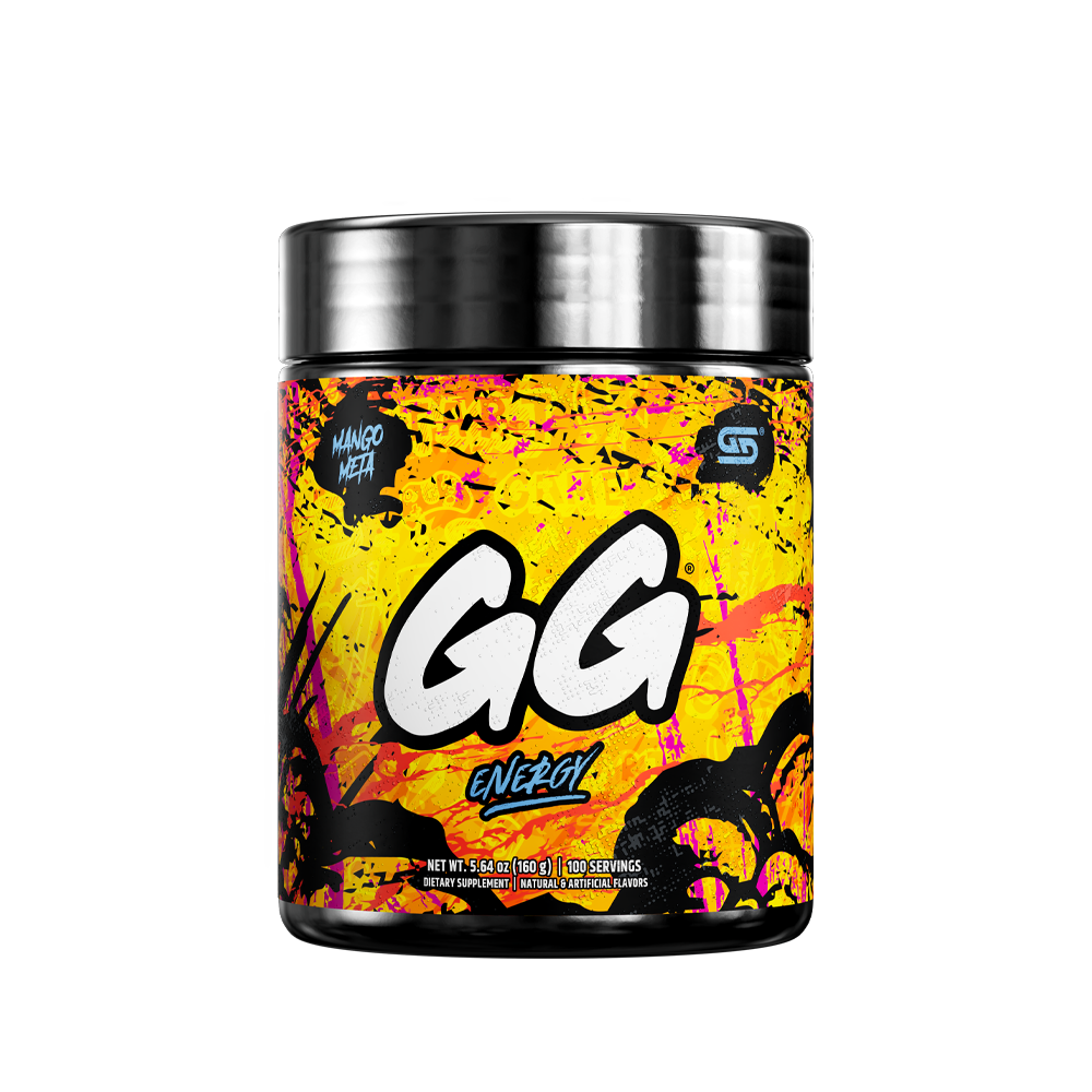 Black supplement container with colorful splatter design and detailed white nutrition facts label on the back.