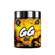 Black supplement container with colorful splatter design and detailed white nutrition facts label on the back.
