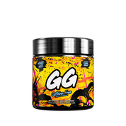 Black container with colorful splatter design and detailed white nutritional label on the back side.