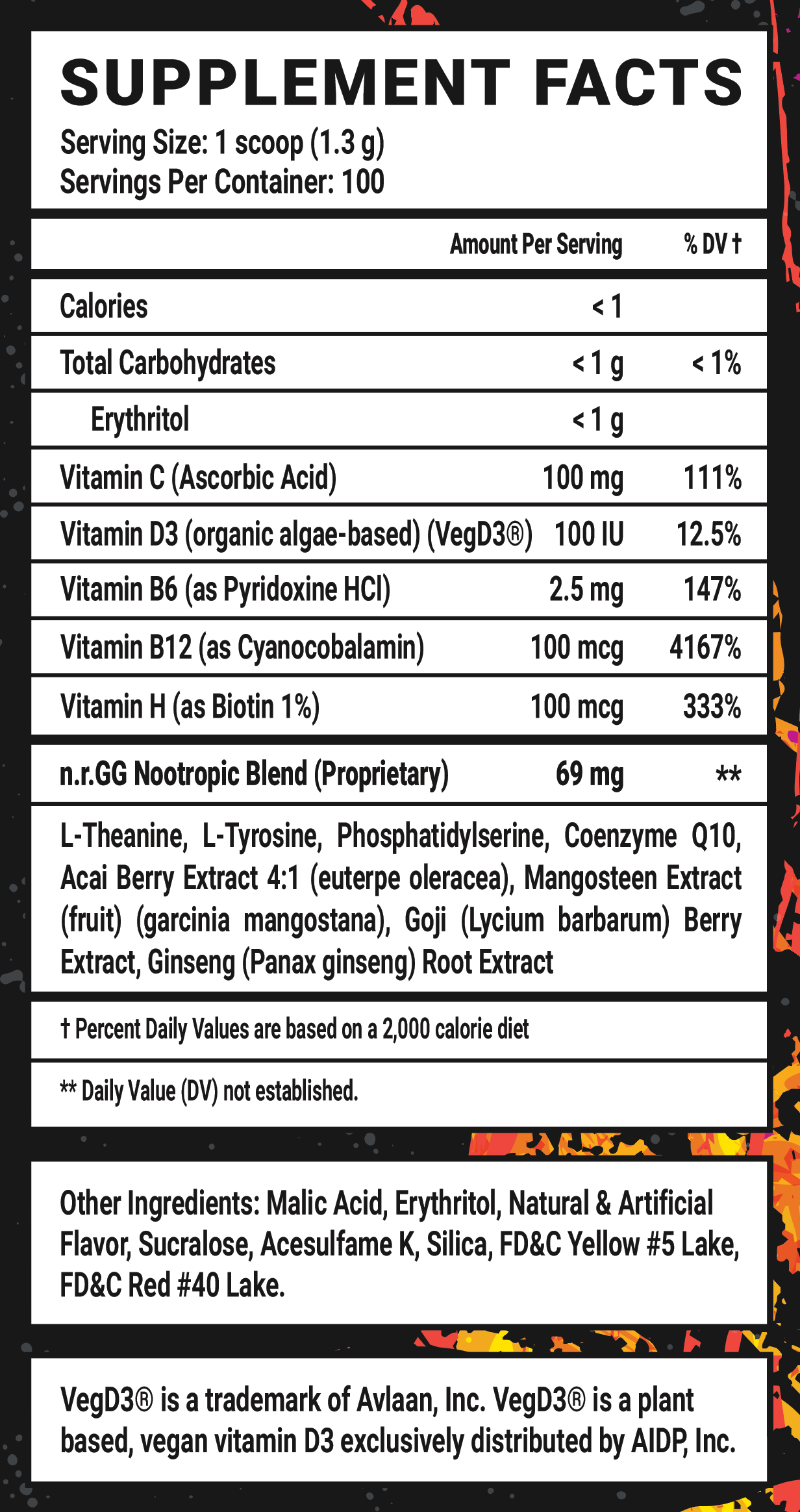 Mango Meta Caffeine Free - 100 Servings Nutrition Chart