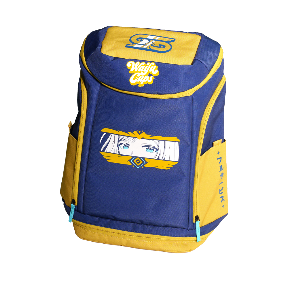 Blue and yellow backpack with Japanese text on the yellow front pocket and a turquoise zipper pull tab.