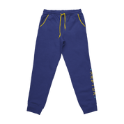 Royal blue sweatpants with a yellow logo on the back pocket and vertical yellow Japanese text on the left leg.