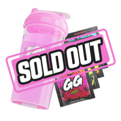 Clear shaker cup with a black interior and a bright pink lid featuring a small spout.