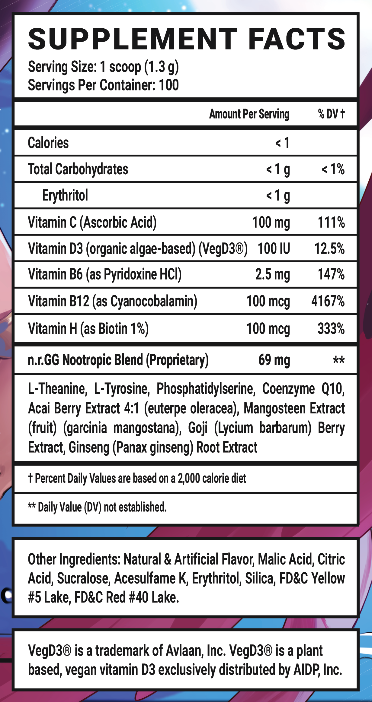 Nile Nectar GG by Trickywi Caffeine Free - 100 Servings Nutrition Chart