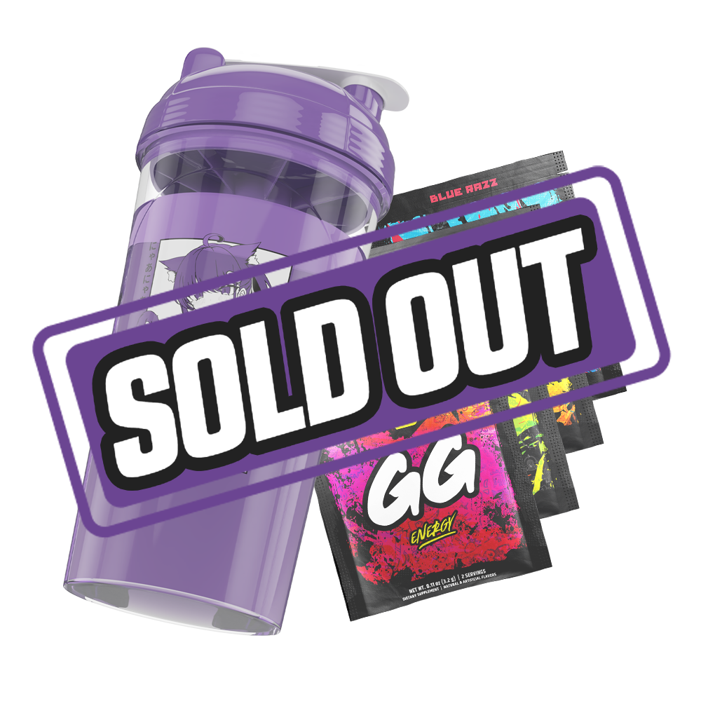 Clear plastic shaker cup with a purple lid and a bold black and white stylized "GD" logo on the side.
