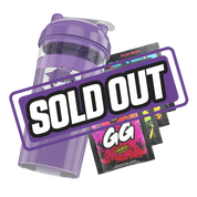 Clear plastic shaker cup with a purple lid and a bold black and white stylized "GD" logo on the side.