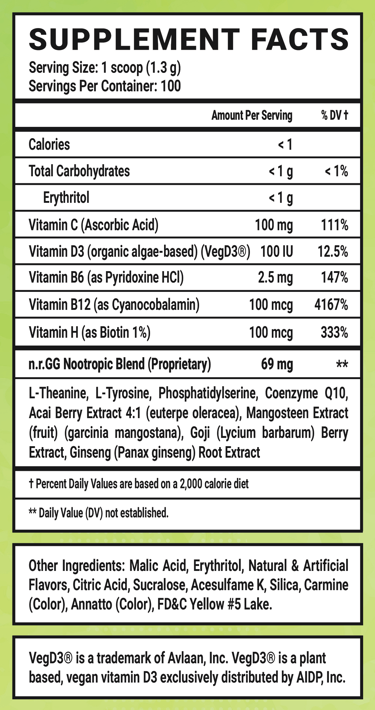 OnlyFox GG by FoxyReine Caffeine Free - 100 Servings Nutrition Chart