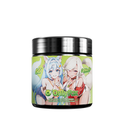 Black-lidded jar with a green label showing supplement facts and directions for a caffeine-free dietary powder.