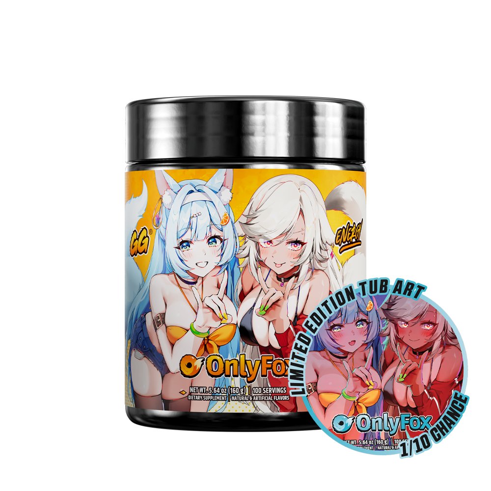 Black jar with a purple label showing supplement facts and directions for OnlyFox GG by FoxyReine.
