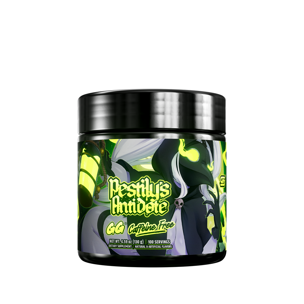 Black container with detailed white and yellow supplement facts label and green accents on the sides