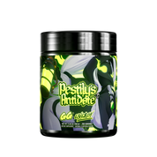 Black jar with green and yellow accents showing detailed supplement facts, directions, and warnings on the back label.